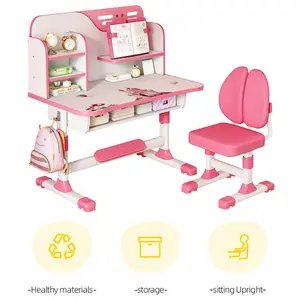2Pcs/Set function kid desk chair set Premium  Study Desk Chair Set, Height Adjustable Children School Study Table Chair Set with Astronaut Pattern, Ergonomic Desk Chair with Large Writing Board, Bookshelf and Drawer (Pink, Blue)