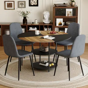 5 Pieces Dining Table and chair set. A 47.3-inch diameter modern splicing circular dining table - double-layer storage.Paired With 4 Dark Gray Linen Fabric Chairs.Iron Pipe Spraying Chair Legs