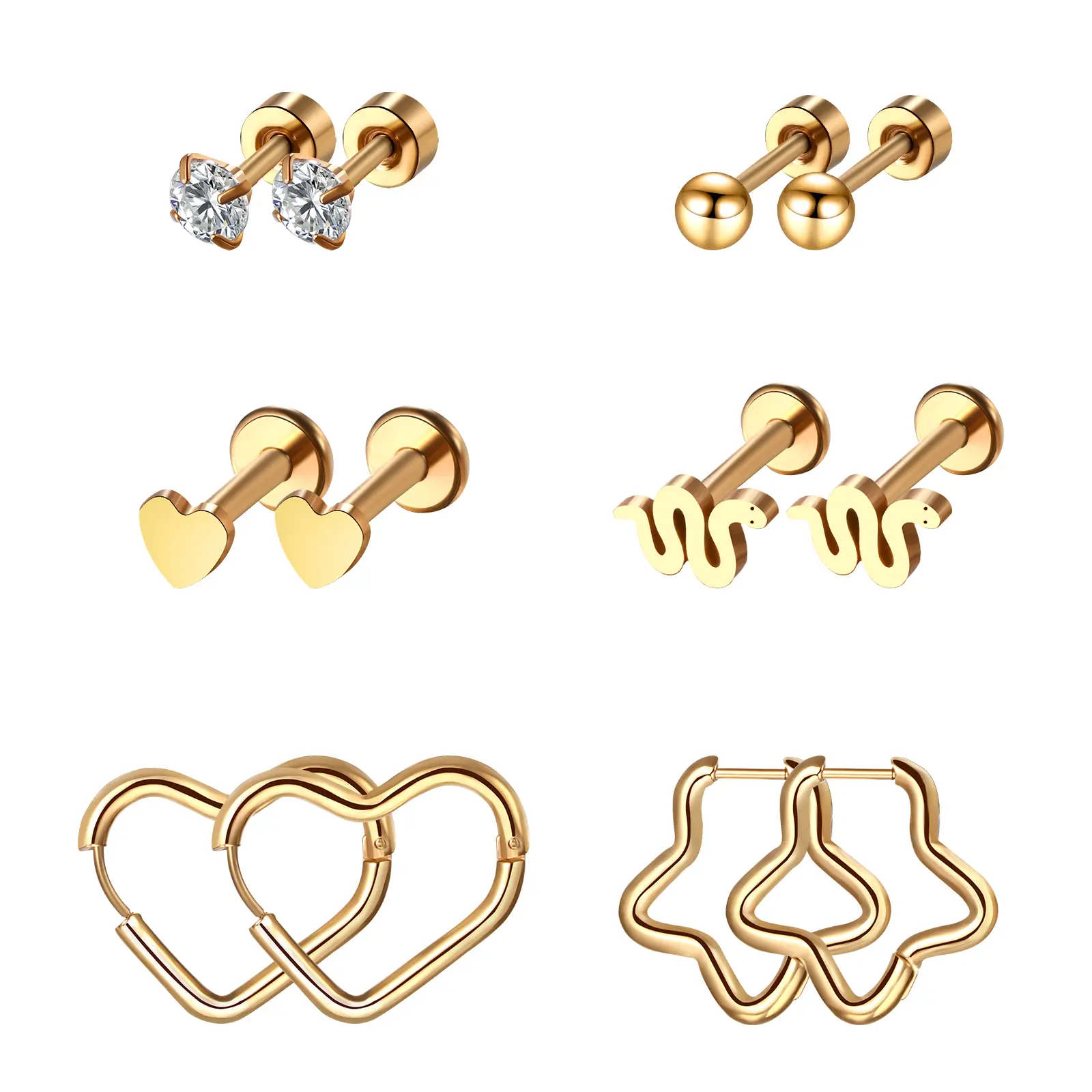 OIDEA Women's 6-Pair 316 Stainless Steel Flat Back Stud Earrings Set - CZ Heart, Star, Snake Cartilage Screw Studs, Helix Piercing Earrings, Gold, Flat Back Earrings