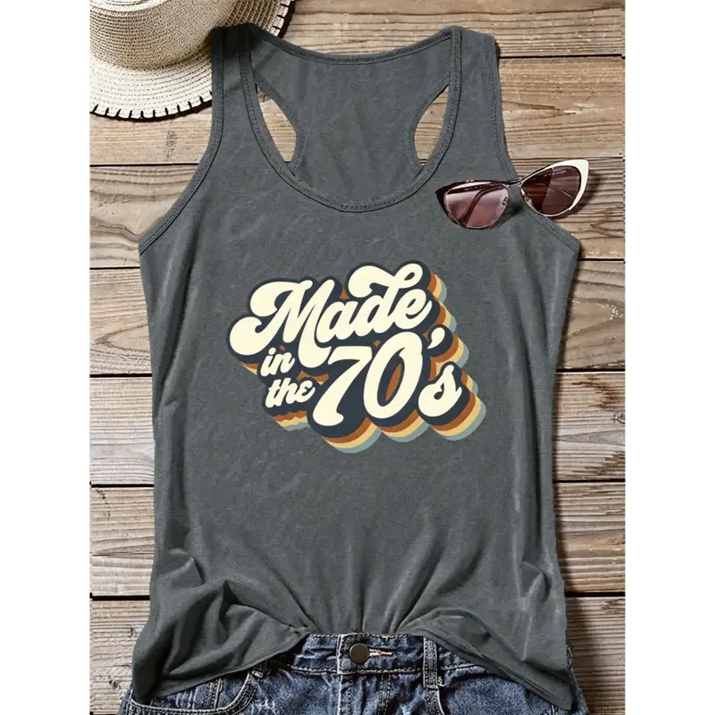 Made In The 70's Print Tank Top, Casual Crew Neck Tank Top For Summer, Women's Clothing