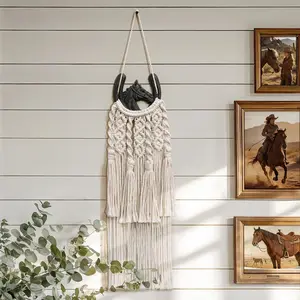 Equestrian Horseshoe Macrame Wall Hanging Cast Iron, Rustic Western Horse Head Wall Decor with 3mm Cotton Rope, Distressed Black Western Cowgirl Room Decor,Horse Lover Gift for Girls Bedroom,White