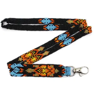 Handmade Beaded Turtle Pattern Black Orange Gold Lanyard - 33.5 inch