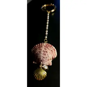 Pearl Linked Chain Authentic Scallop Shell Bag Charm or Key Chain with Pearl Beads and Gold Tone Accents