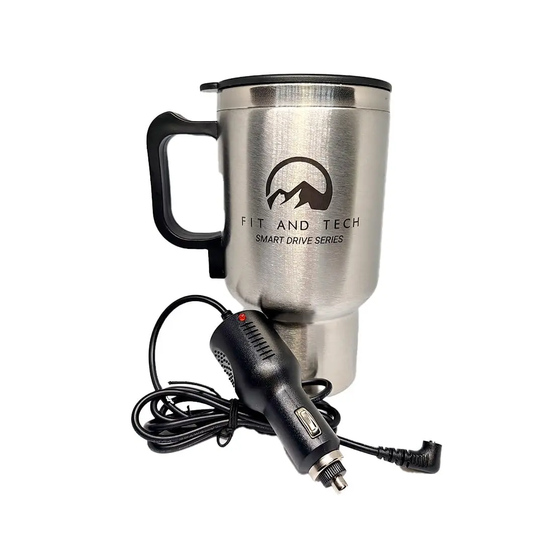 FIT AND TECH Smart Drive Series Thermal Travel Mug 540ml Stainless Steel with 12V Car Charger Insulated Tumbler for Coffee Tea Hot Beverages metal bodie and plastic lid