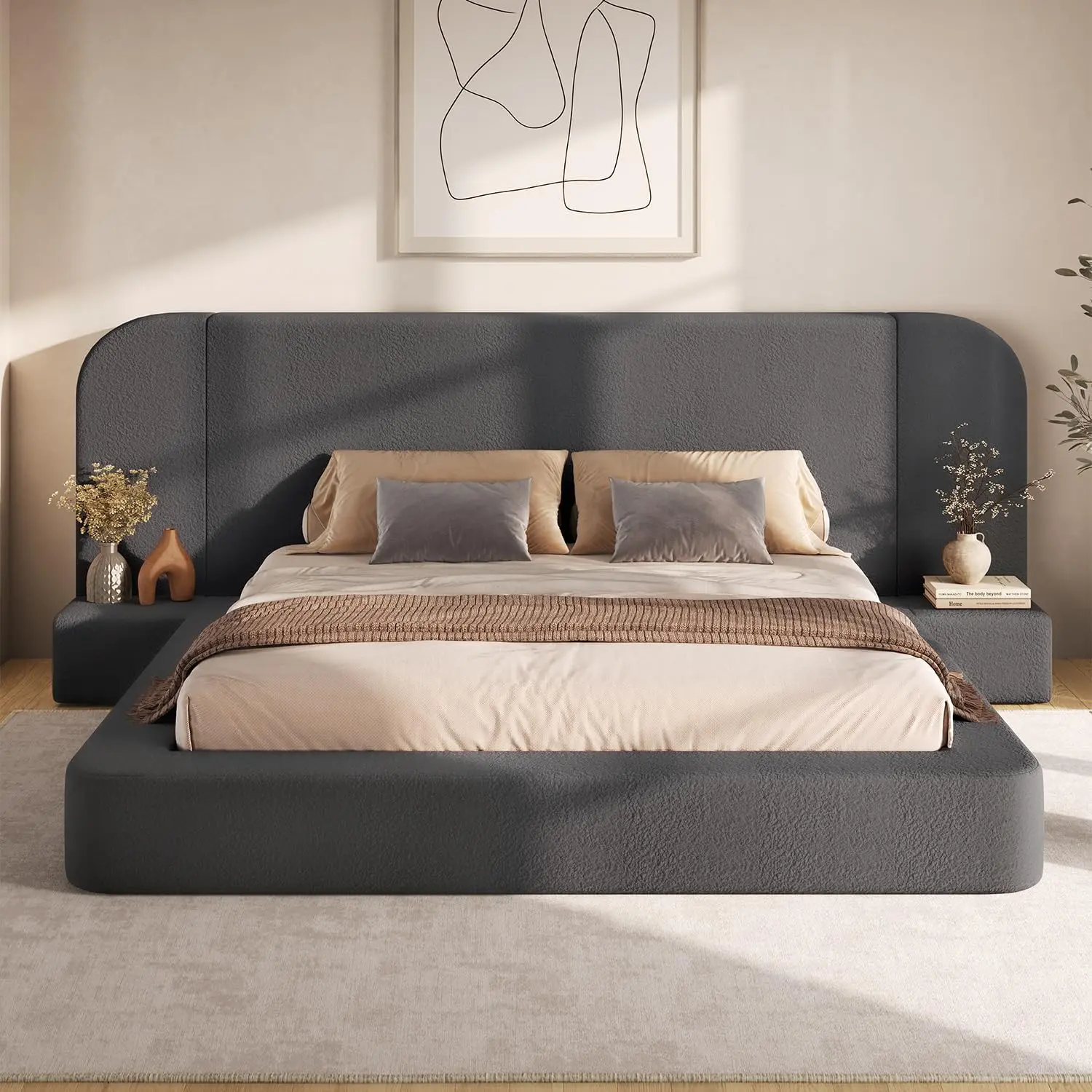 ADORNEVE Upholstered Cloud Bed Frame Queen with 94.1" Wide Headboard and Nightstands 4.9" Fully Cushioned Foam Soft Rounded Corners