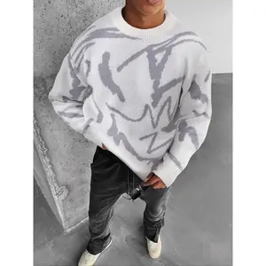 Men’s off-shoulder sweater pullover with geometric print, soft and comfortable long-sleeve crewneck jumper for autumn and winter casual streetwear, men’s knitwear for everyday wear GARMENTARY