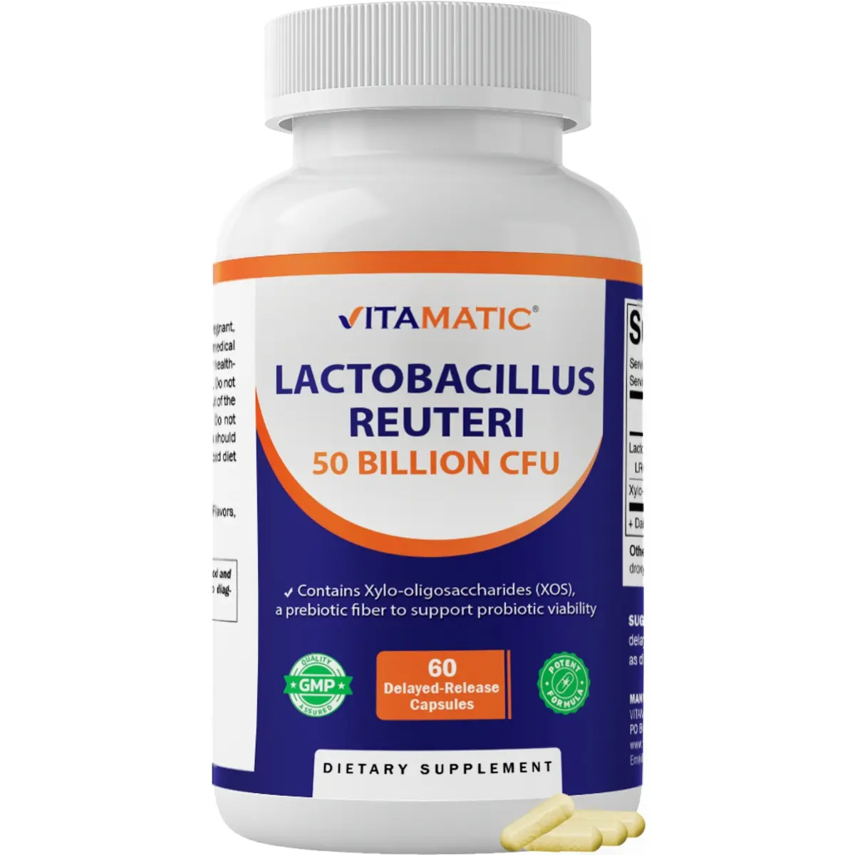 Vitamatic Lactobacillus Reuteri 50B CFU Delayed-Release Capsules, with XOS Prebiotic, Non-GMO, 60 Count, Gut Health Support, Drug-Free & Daily Support Probiotic & Prebiotic Supplements, Gut Balance Formula