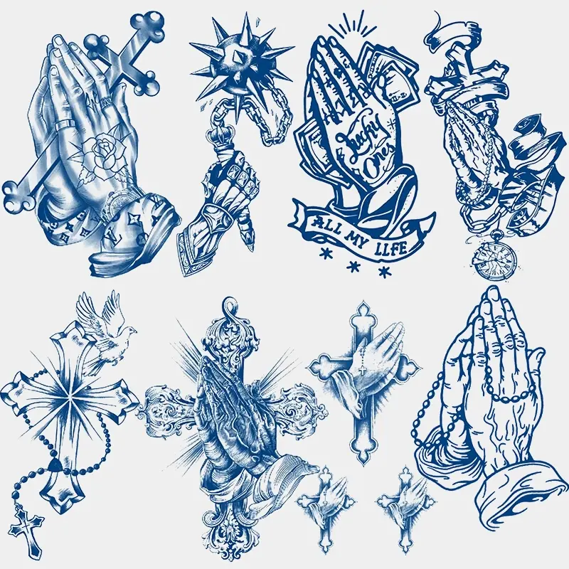 8 Half-Permanent Herbal Juice Tattoo Stickers, Prayer Hand, Cross, Peace Dove Geometric Design, Waterproof Fake Tattoos, Easy Apply, No Pain, Temporary Fake Tattoo, Painless Tattoos