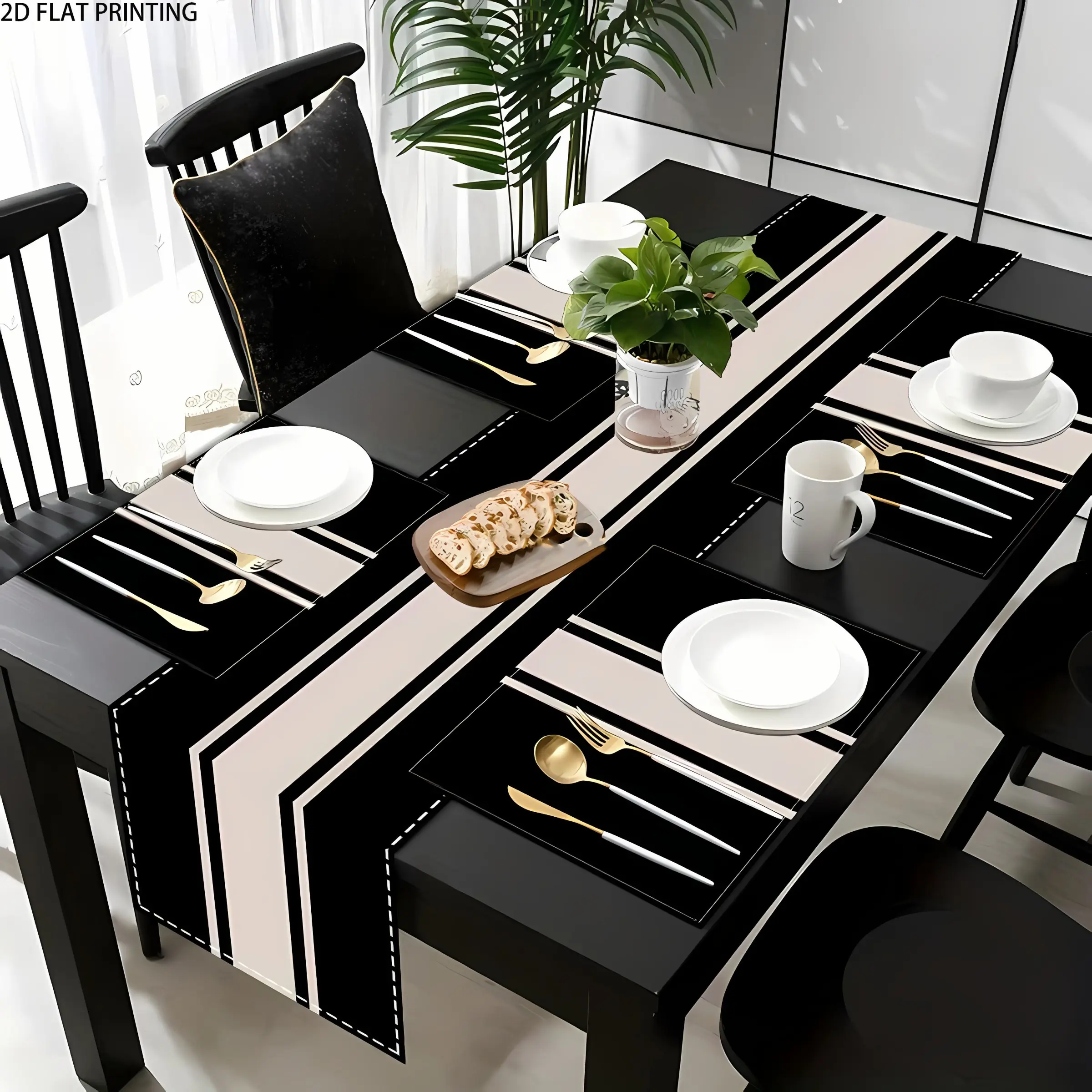 2D flat printing, 1 piece/2 pieces/4 pieces/6 pieces/8 pieces, classic black table flag, Table placemats, placemat and coasters, vertical stripe pattern design, suitable for home kitchen and restaurant decoration, holiday party decoration