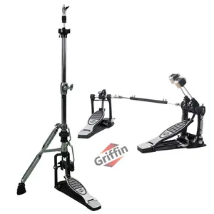 GRIFFIN Deluxe 2-Pack Drum Hardware Kit - Double Kick Drum Bass Pedal & 2-Legged Premium Hi-Hat Stand | Quad Sided Beater Head | Dual Chain Drive System | Impressive Response for Metal & Rock Drummers