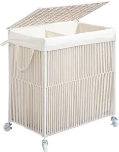 Laundry Hamper with Wheels, Handwoven Rolling Laundry Basket with Lid, Clothes Hamper with Divided Removable Liner Bag, 115L Large Laundry Sorter Laundry Room Organization, Creamy White