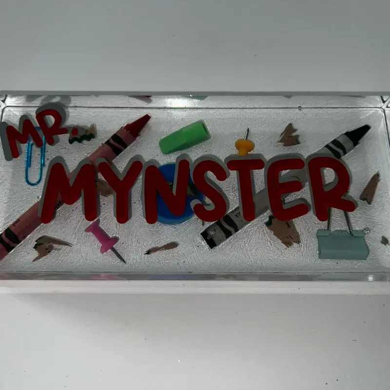 Mynster Personalized Teacher Desk Name Block - Customizable Solid Background & Colorful Crayon Design for Teachers Coaches & Nurses