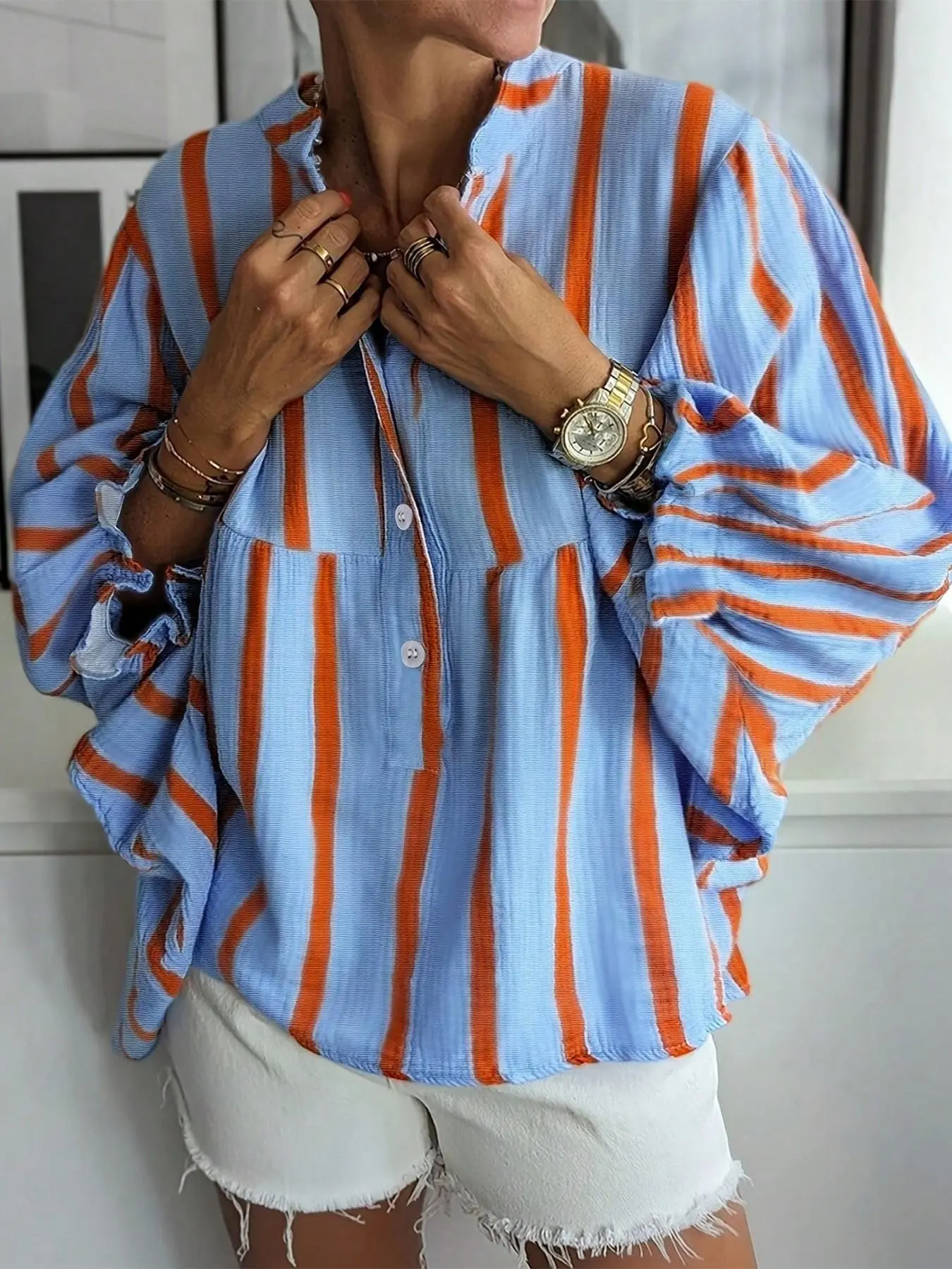 Oversized Blue & Terracotta Striped Bohemian Peasant Blouse for Women, Flowy 3/4 Puff Sleeve V-Neck Tunic Top with Half Button Placket, Lightweight Breathable Cotton Gauze Boho Shirt, Boho Style Shirt, Everyday Casual Summer Beach Vacation Daily Wear
