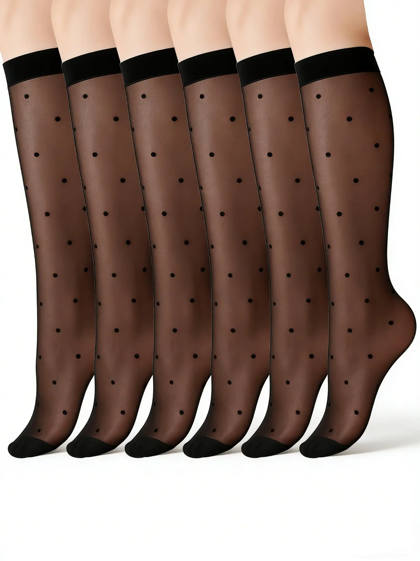 6 Pairs Women's Everyday Sheer Knee-High Stockings, Black Dot Sheer Thin Socks, Stretchy Breathable Knee-High Socks, Fit, Slim