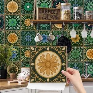 24PCS/Box NHZ Retro Floral Pattern Crystal Film Tile Stickers | Peel & Stick Waterproof Oil-Proof for Kitchen Backsplash/Bathroom/Furniture/Stairs Wall Sticker