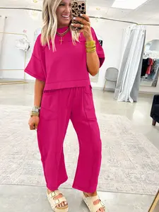 Women's Drop Shoulder Boxy Tee and Barrel Pants Set, Casual 2 Piece Loungewear Outfits, Soft Stretchy Matching Sets with Pockets for Daily Wear