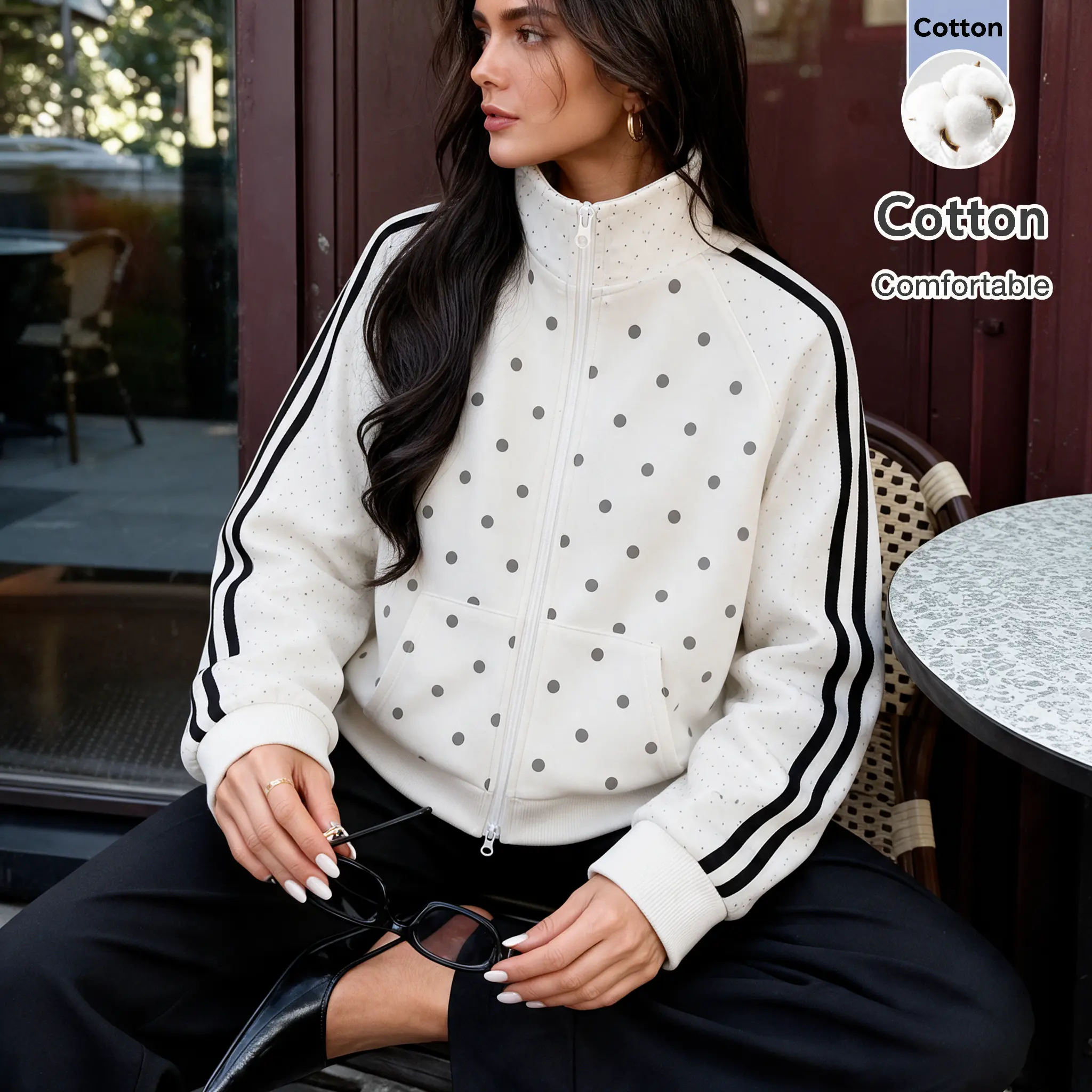 Women's Polka Dot Cotton Stand Collar Zip Jacket, Striped Raglan Sleeve, Front Patch Pockets, Perfect for Spring Fall Street Daily Outing