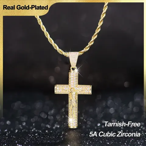 Holylegend 14K Real Gold-Plated Cross Design Necklace for Men - Advanced Nanotech Non-Tarnish Chains (Rope, Miami Cuban Link, Figaro), Glossy Jesus Crucifix Pendant, 24in Bold Edge Casual Jewelry, Birthday Gift, Men's Accessories