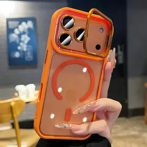 Luxury Lens Bracket Magnetic Clear Phone Case Compatible With iPhone 17 Pro Max Air 16 15 14 13 Pro Max Plus Men Women Transparent Magnetic Wireless Charging 17 promax Cases With Lens Protector Hard Shockproof Back Cover