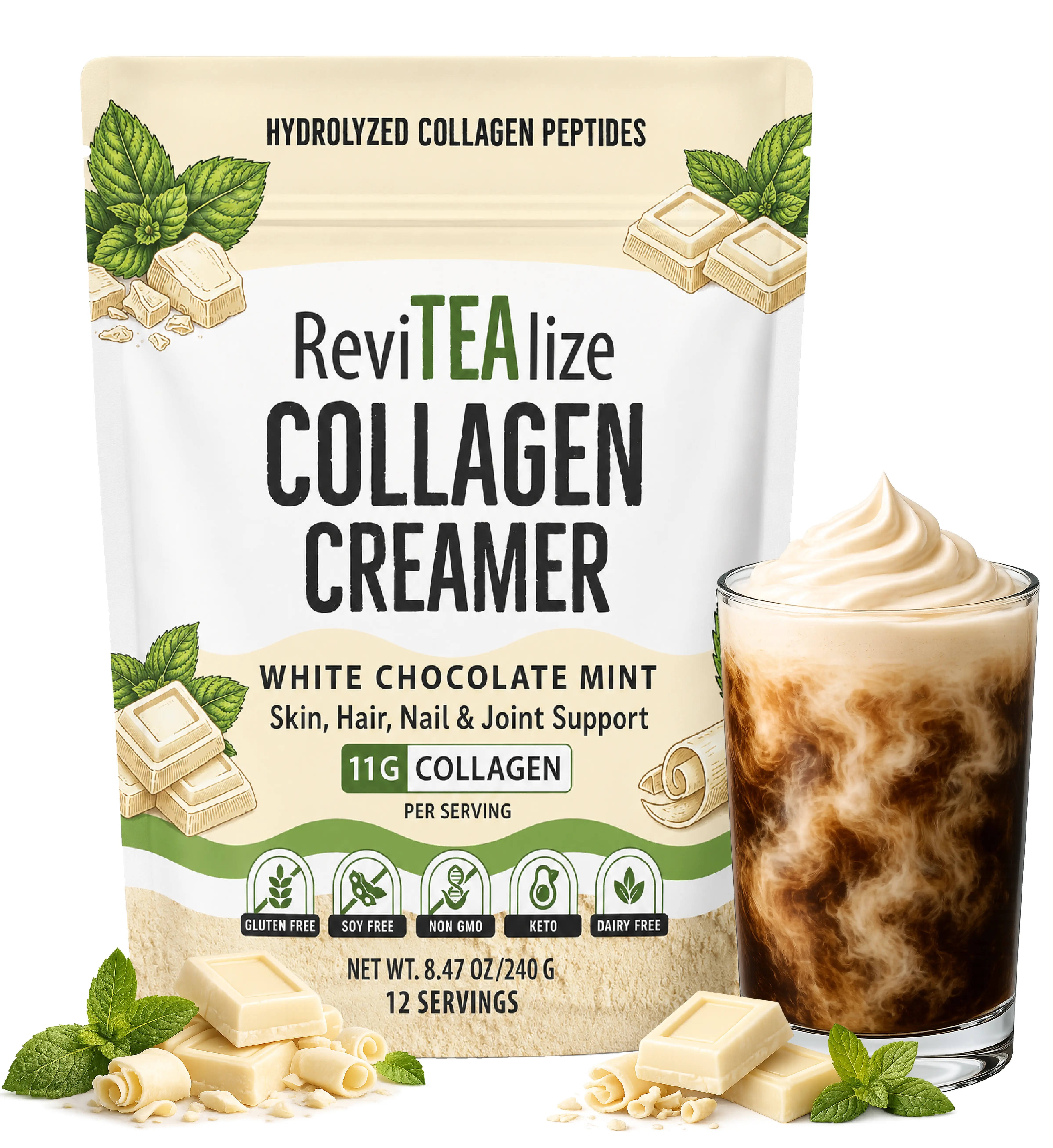 Collagen Creamer for Coffee - Grass Fed Collagen Peptides Powder with MCT Oil for Hair, Skin, Nails & Joint Support - White Chocolate Mint