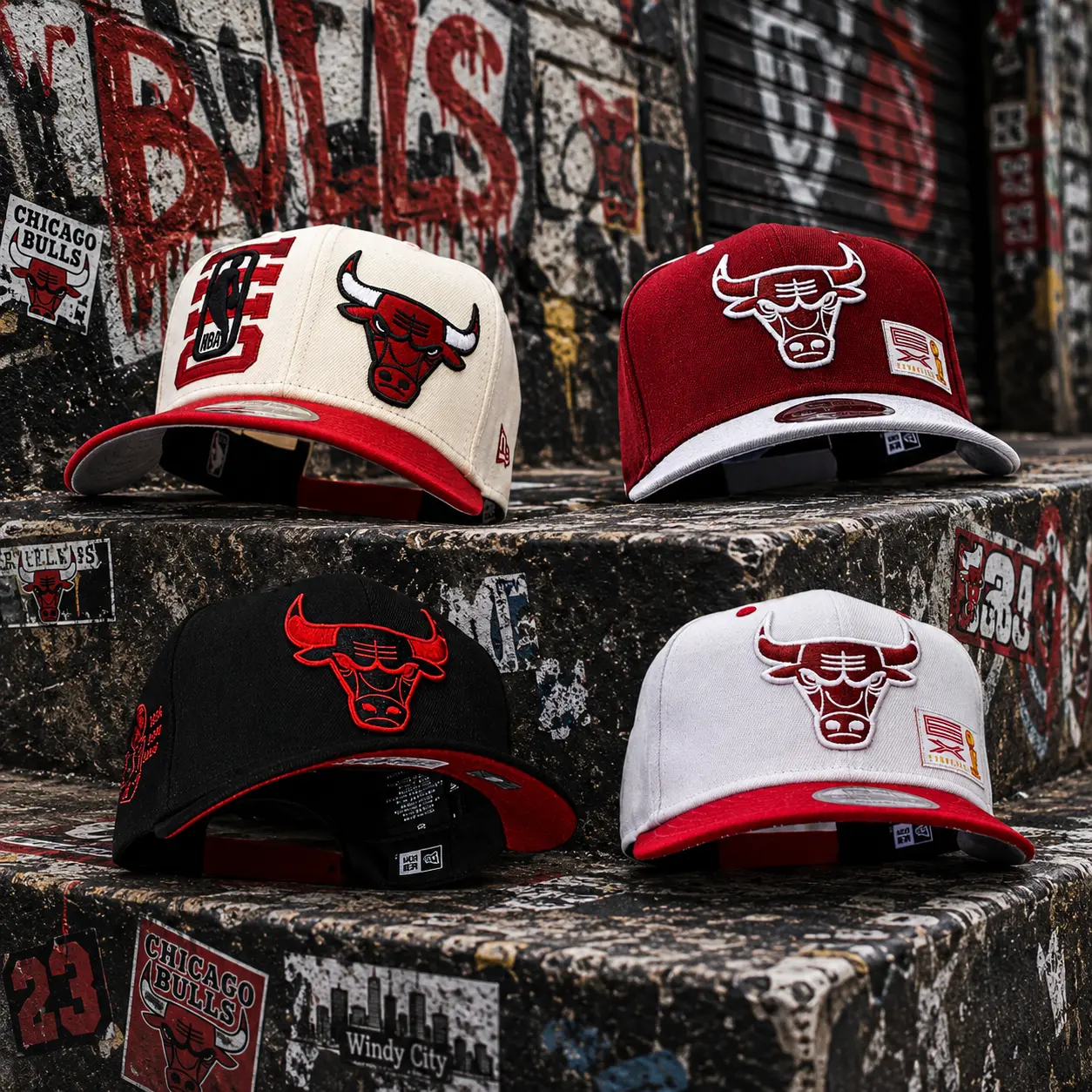 New Era Chicago Bulls NBA Hat Classic Flat Brim Snapback Cap Premium Urban Streetwear Basketball Fan Collection Red Black White