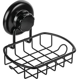 Suction Soap Dish with Hooks - Super Powerful Vacuum Suction Cup Shower Soap Holder - Rustproof Stainless Steel SS304 Soap Basket - Sponge Holder for Bathroom & Kitchen (Black) Wall