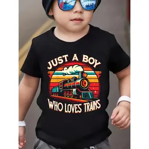 Summer Fashion Boys' Short Sleeve T-Shirt "JUST A BOY WHO LOVES TRAINS" Little Train Pattern Outdoor Casual Top NY-DX4641  (3-13Y)