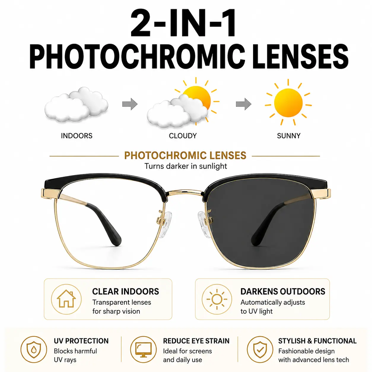 Photochromic Transition Glasses Full Rim Square Frame Unisex, Blue Light Blocking Lenses, Metal Temples, Lightweight Office & Travel Readers with Case and Cleaning Cloth