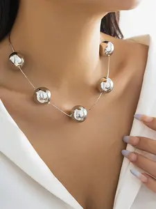 Women's Silver Color Ccb Round Bead Necklace Chain, Fashionable Casual Style, Elegant Ladies' Necklaces & Pendants, Modern Versatile Accessories