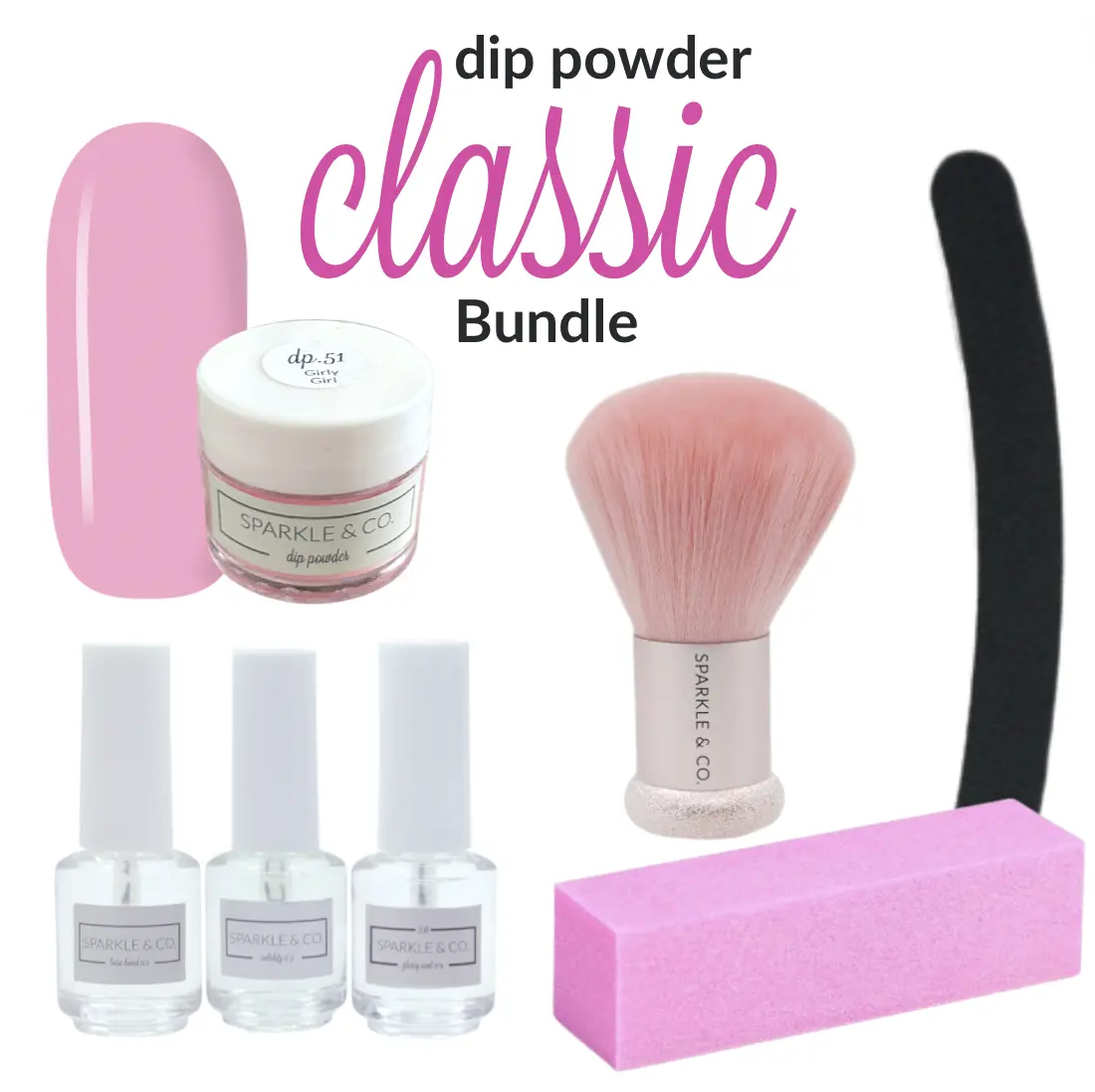 Sparkle & Co. Dip Powder Classic Bundle: 1 Mini Dip, 1 Pink Buffer, 1 Black Banana File, Base Bond (Nail Glue) 8ml, Solidify (Activator) 8ml, Glossy 2.0 (Top Coat) 8ml, Rose Gold Duster, Mini dp.51 Pink Dip, Classic Starter Kit Manicure Nail Art