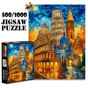 1pc 1000 piece adult puzzle 70x50cm Iconic European Buildings Painting: Colosseum, Leaning Tower of Pisa & More 500 pieces paper jigsaw puzzle suitable for DIY creative games for adults and familie