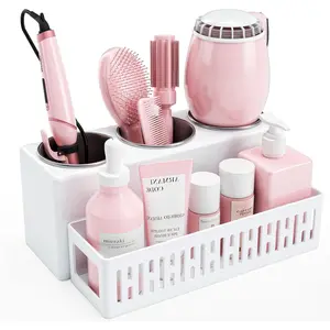 Hair Tool Organizer Detachable Hair Dryer Holder with 3 Stainless Steel Cups Wall Mounted Bathroom Storage for Accessories Curling Irons Straighteners Toiletries Makeup