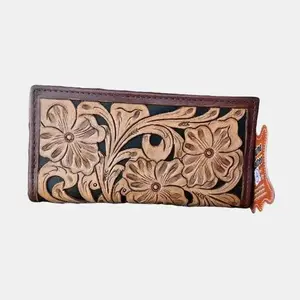Boho Tooled Floral Wallet - Western Genuine Hand Tooled Leather Cowhide Wallet Checkbook - Hair on Fur Cowhide - Gift for Her