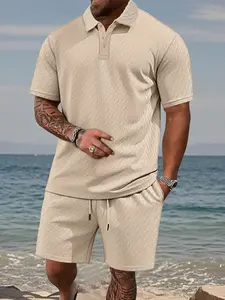 Men's summer Tropical two-piece set, Matching, Thin casual polo short-sleeve and shorts in solid color with argyle pattern, features 3D texture design and drawstring details, stylish, ideal for men's seaside vacations and daily casual occasions Outfit