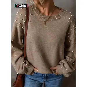 Women’s off-shoulder sweater adorned with faux pearls, autumn–winter casual long-sleeve crewneck pullover, fashionable women’s knitwear for everyday wear GARMENTARY