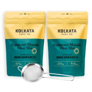 Kolkata Chai Co.'s Signature Masala Chai Mix Combo - 40 Servings, Strainer Included, The Best DIY Chai Mix In The Game