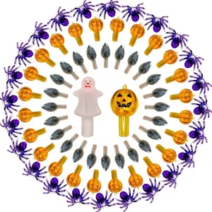 117pcs Halloween Ceramic Tree Replacement Lights Bulbs, Including Spider Pumpkin Head Grey Flame & 2pcs Themed Tree Tops Including Ghost Pumpkin King for Decorating Holiday Trees
