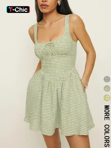 Women's Gingham Print Cami Dress, Casual Sleeveless A Line Dress for Summer, Ladies Clothes for Beach Holiday