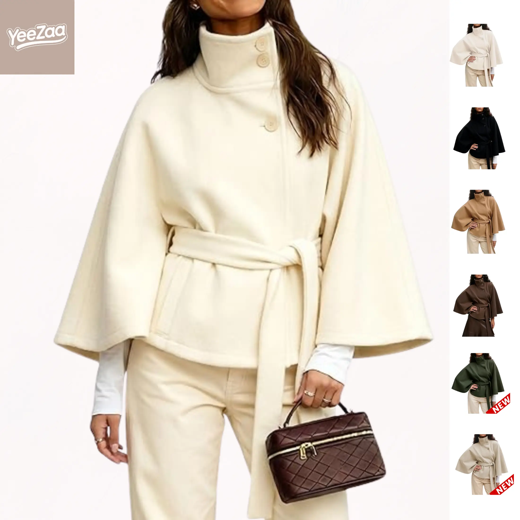 YeeZaa Poncho Pea Coat for Women Wool Blend Oversized Belted 2026 Fashion Fall Winter Elegant Stand Collar Cropped Cape Jacket Batwing Sleeve Trendy Casual  Outerwear Overcoat