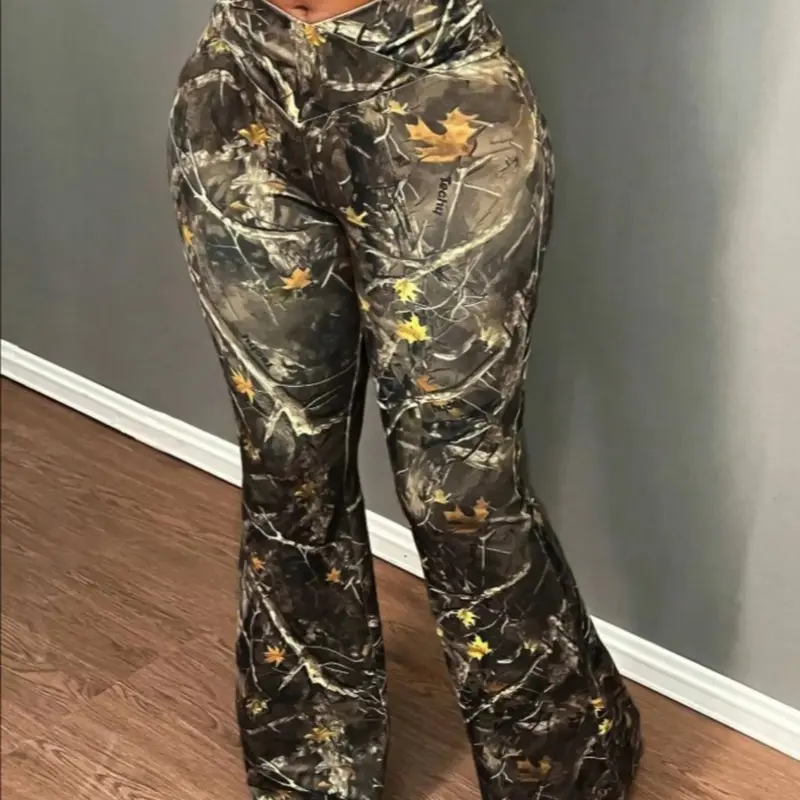 Women's Camo Print Flare Leg Pants Fit, Casual Comfy Trousers for Daily Wear, Ladies Bottoms for Summer
