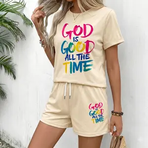 Women’s Christian Graphic 2 Piece Shorts Set, God Is Good All The Time Print Short Sleeve T Shirt and Drawstring Shorts Matching Outfit, Casual Summer Faith Activewear for Daily Wear, Travel and Weekend Comfort,summeroutfits,vacationoutfits,bathingsuitwom