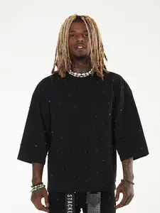 Black Rhinestone Boxy Fit Drop Shoulder Tshirt