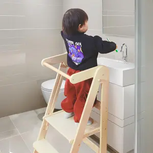 Foldable Toddler Tower Preassembled Kitchen Stool, Folding Tower for Learning with 3 Adjustable Heights Montessori Toddler Standing Tower Collapsible Step Stool for Kids 1.5-6y Natural