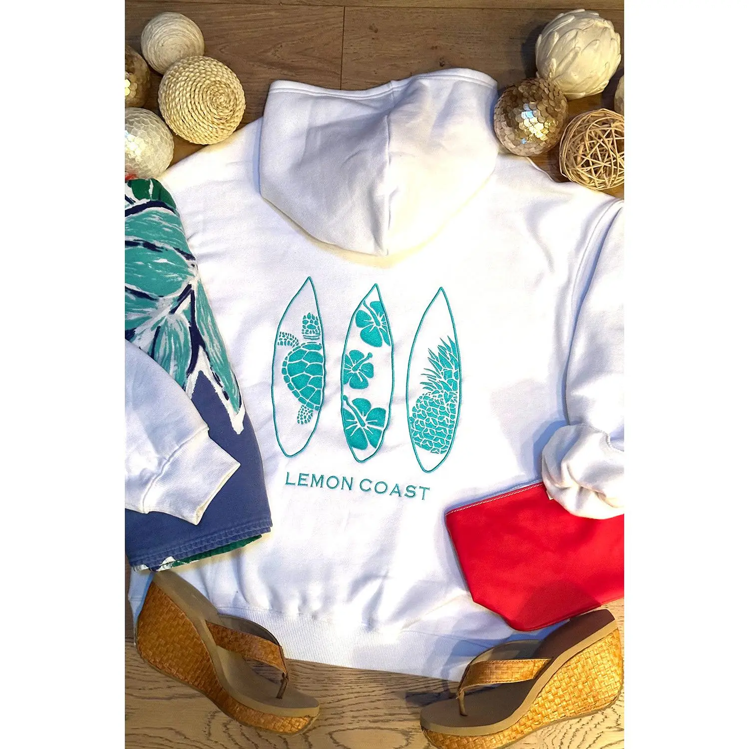 🥥 The Coastal Coconut Hoodie – Lemon Coast™ Embroidered Surf Hoodie (White + Turquoise)