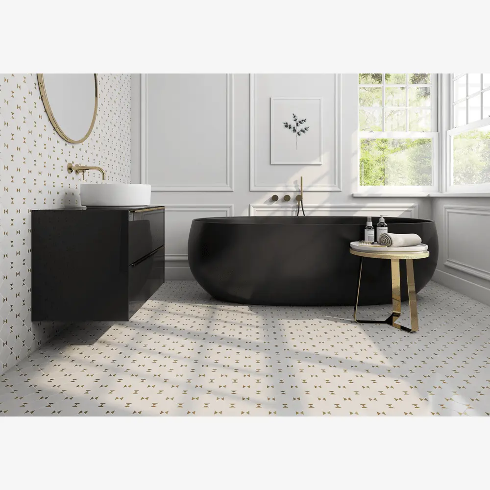 Glam Thassos White + Gold Brass 9x9 Glossy Squares Marble Tile
