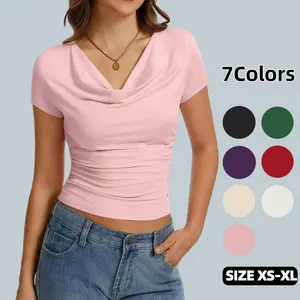 Women's Cowl Neck Tops Short Sleeve Slim Fit Ruched T-Shirts Summer Casual Dressy Business Blouses Going Out Top SwimWeek summervibes
