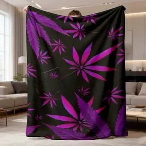 Pink Purple Cannabis Leaf Pattern Flannel Blanket, Black Background Marijuana Leaf Throw, Ombre Weed Leaf Design Blanket, Soft Cozy Fleece Blanket, Warm Throw for Couch Bed, Gift for Cannabis Fans
