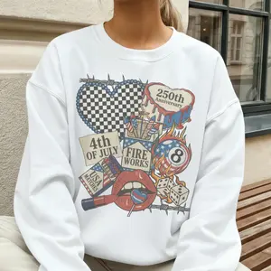 Vintage USA Sweatshirt Retro America Collage Graphic Tee 4th of July Tshirt Checkered Heart 8 Ball Flag Pullover Casual Womenswear Sublimation Crewneck