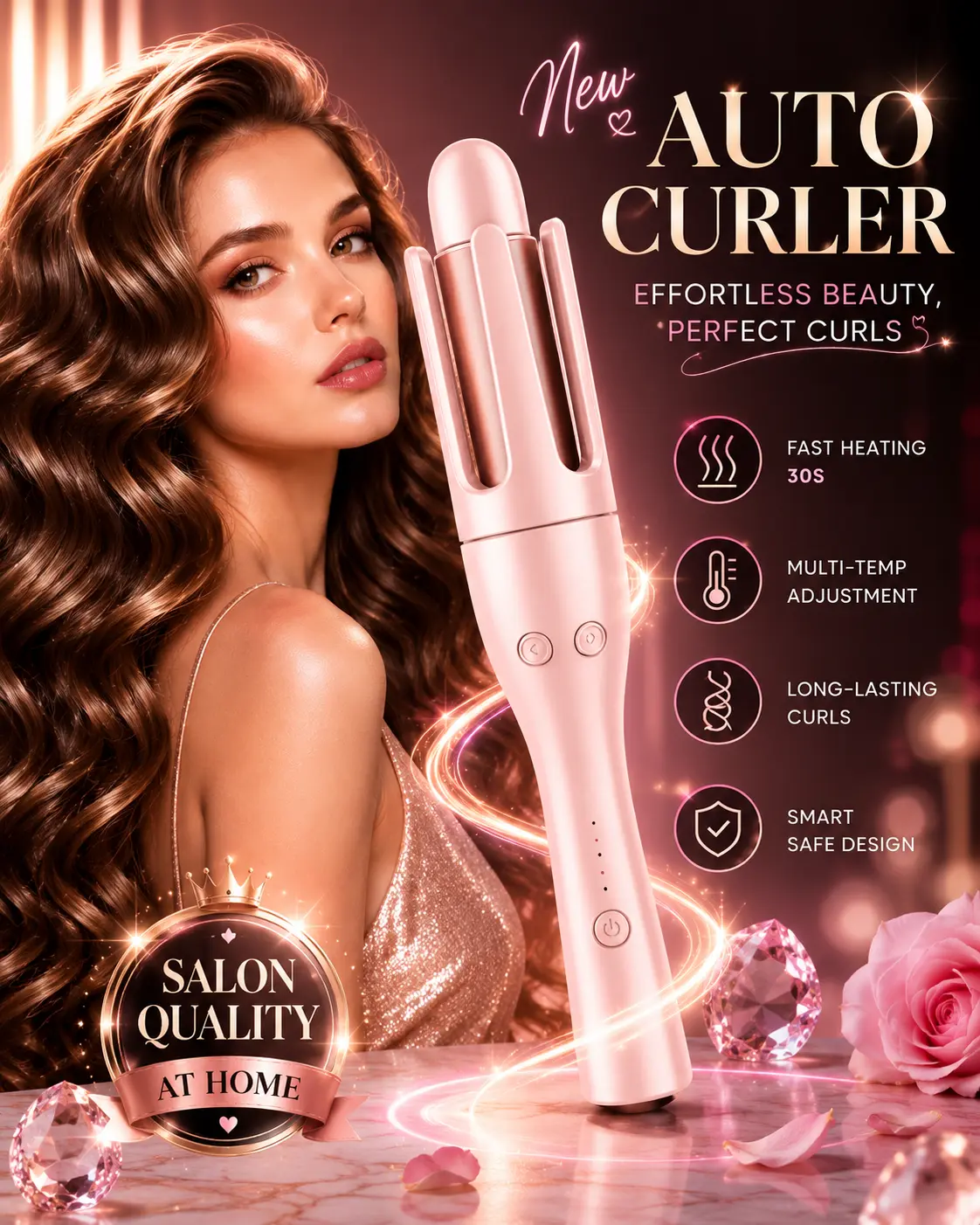 Automatic Rotating Curling Iron. Eliminates the Need for Manual Twisting. Suitable for Beginners and Professionals Alike. Fast Heating Technology Ready in 30 Seconds. Creates Uniform, Natural-Looking Curls Every Time.