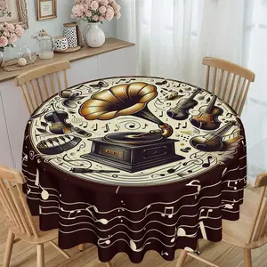 Vintage Record Player Note Print Round Tablecloth, Furniture Protector, Party Decor, Holiday Gift, Hotel, Restaurant, Home Use